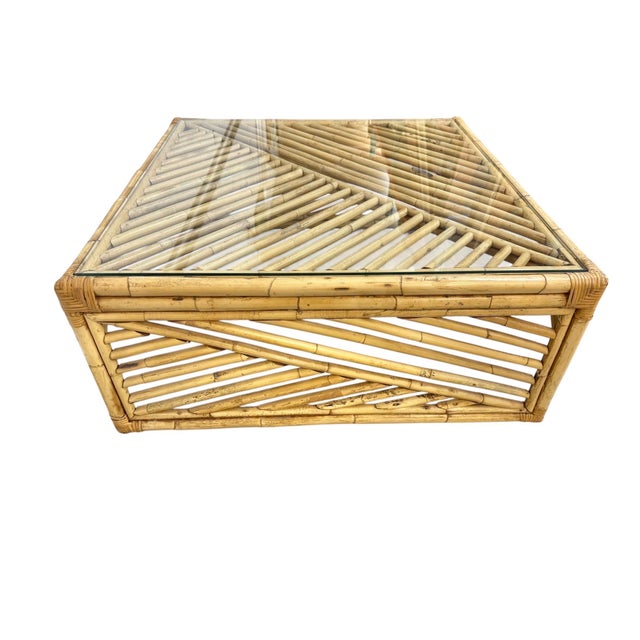 1970s Vintage Bamboo Square Glass Top Coffee Table For Sale - Image 5 of 8