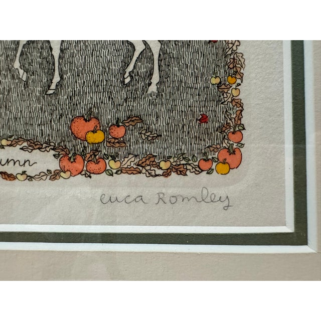 1970s Cuca Romley Four Seasons Set of 4 Signed Hand-Colored Etchings Framed For Sale - Image 4 of 16