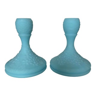 Vintage Mid 20th Century Blue Glass Candlesticks - a Pair For Sale