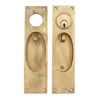 Pair of Vintage Brass Pocket Door Pulls With Lock Insert For Sale