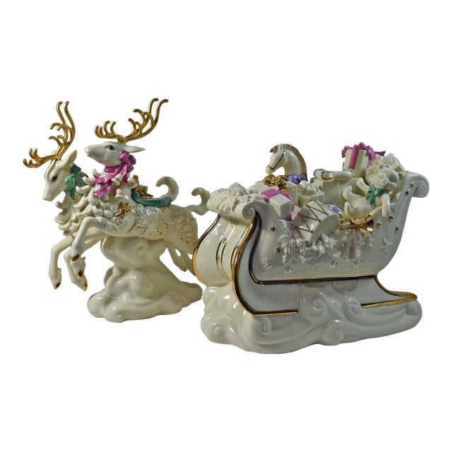 Vintage Lenox Holiday Delivery Candlesticks Limited Edition 2002 No Box Deer & Sleigh- Set of 2 For Sale