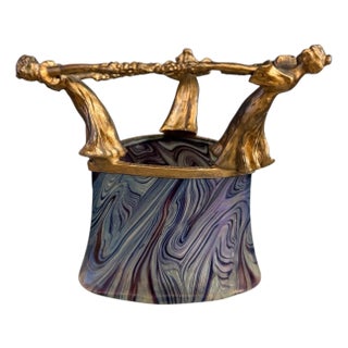 Loetz Art Nouveau Iridescent Glass Vase With Gilt Figural Rim Austria Circa 1895 For Sale