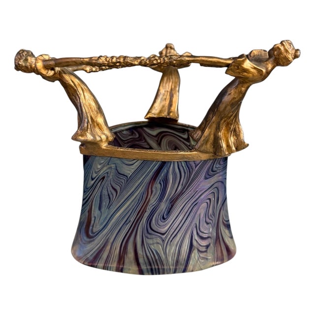 Loetz Art Nouveau Iridescent Glass Vase With Gilt Figural Rim Austria Circa 1895 For Sale