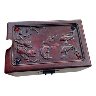 Vintage Chinese Carved Rosewood Box With Stone Inlays & Lotus Fish Motif - Jewelry/Keepsake Box For Sale