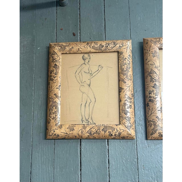 Art Deco 1940’s Two Original Deco Female Nude Study Drawings Etched Wood Tabletop Frames- Set of Two For Sale - Image 3 of 4