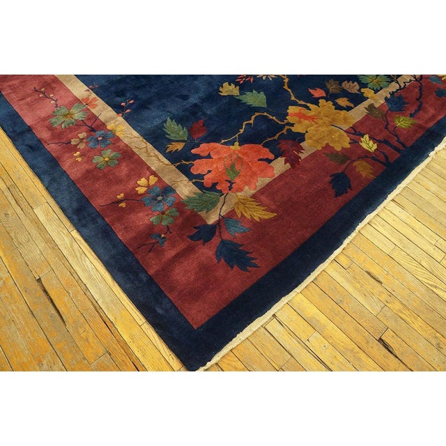 Navy Blue 1920s Blue Navy Floral Antique Chinese Art Deco Rug 9' X 11'8" Handknotted Wool Carpet For Sale - Image 8 of 8