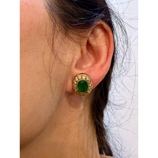 4 Carat Oval Shape Emerald & 1 Ct Diamond Post Back Earrings 14 Kt Yellow Gold For Sale - Image 13 of 18