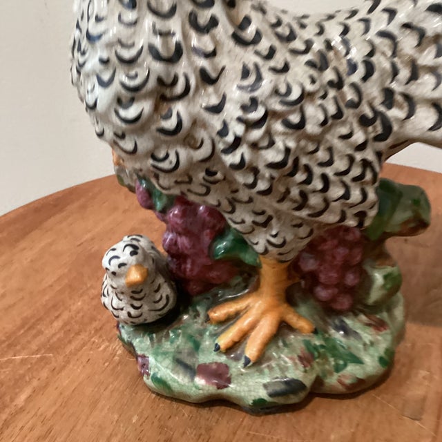 Alabaster Vintage Authentic Italian Hand-Painted Ceramic Rooster and Tiny Hen Sculpture For Sale - Image 8 of 12