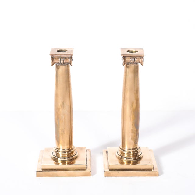 Art Deco Solid Bronze Plinth Base Corinthian Style Candleholders Signed Gorham For Sale - Image 10 of 15