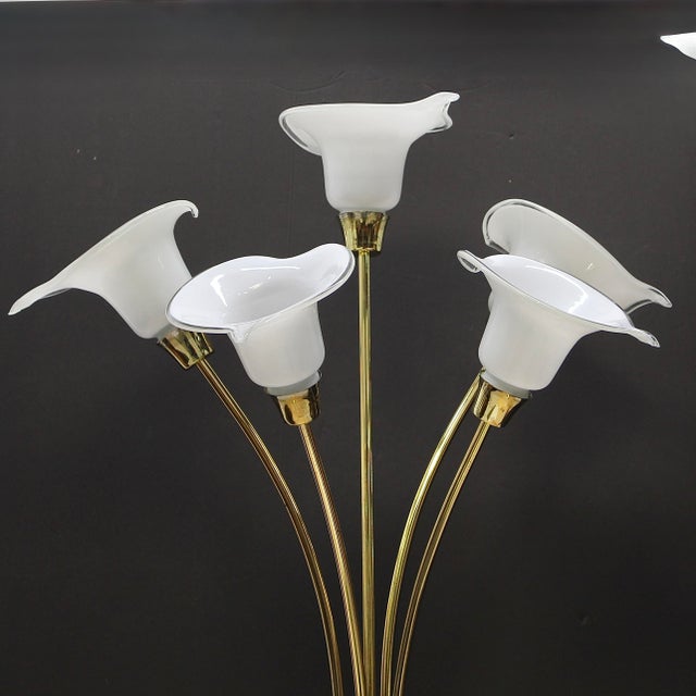 Mid-Century Modern Vintage 5 Light Glass Calla Lilly and Brass Floor Lamp Murano For Sale - Image 3 of 8