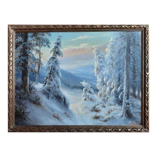 Mid-20th Century Czech Academic Winter Snow Landscape Oil Painting by Josef Kosejk (1910–1988) For Sale
