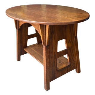 1910s Limbert Mission Oak Oval Library Table With Cut Outs Arts & Crafts For Sale