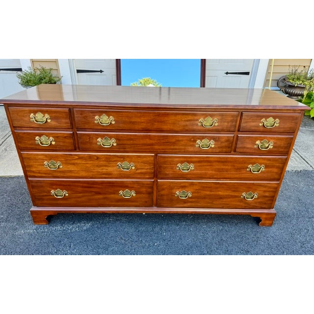 Chippendale Late 20th Century Henkel Harris Solid Black Cherry 10 Drawer Double Dresser With Mirror For Sale - Image 3 of 11