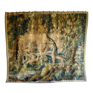Flemish Verdure Tapestry Two Herons Eating a Frog , Fantasized Giraffe and Boat , Circa 1700 For Sale