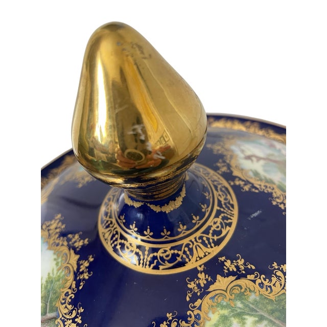 Large Vintage Limoges France Cobalt Blue Gold Courting Couple Handpainted Urn For Sale - Image 11 of 11