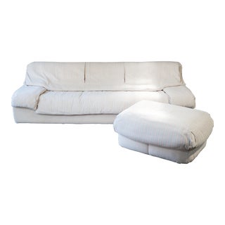 1980s Vintage Roche Bobois Textured Upholstered Sofa With Matching Ottoman - Set of 2 For Sale