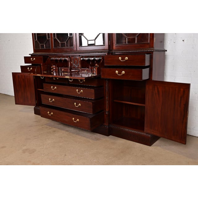 Brown Baker Furniture Style English Georgian Carved Mahogany Breakfront Bookcase Cabinet With Drop Front Secretary Desk For Sale - Image 8 of 14