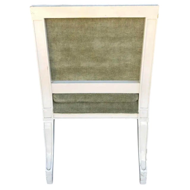 Directoire Style Nancy Corzine White Painted Green Chenille Upholstered Arm Chair - 1 of 6 Available. Freshly upholstered...