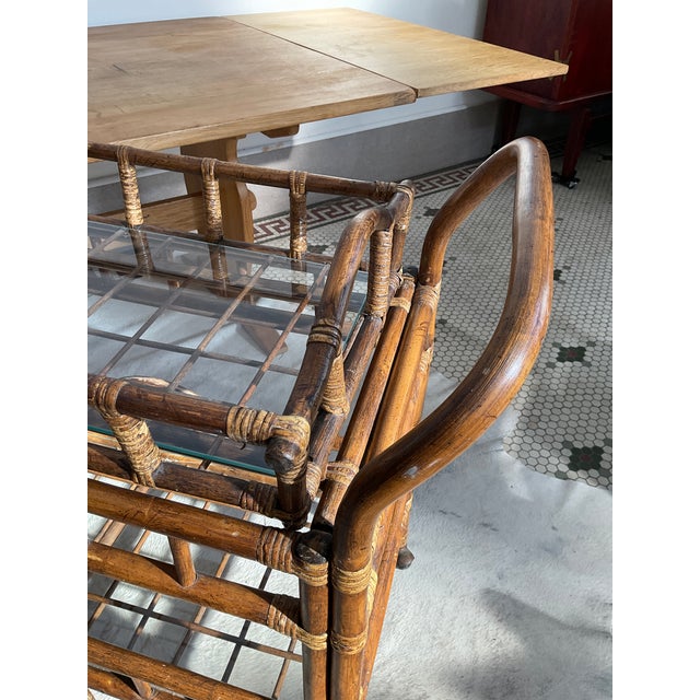 Vintage Bamboo Bar Cart With Glass Shelve & Removable Tray For Sale - Image 12 of 18