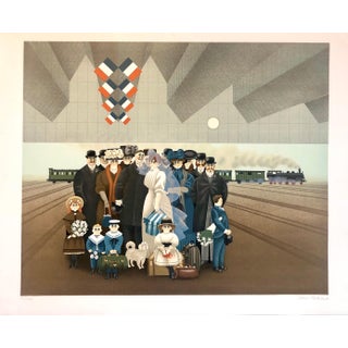 Jan Balet, Naive Lithograph Paris Train Station Wedding Party, Honeymoon Scene Folk Art For Sale