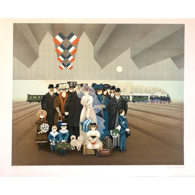 Jan Balet, Naive Lithograph Paris Train Station Wedding Party, Honeymoon Scene Folk Art For Sale