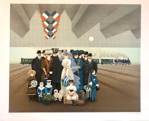 Jan Balet, Naive Lithograph Paris Train Station Wedding Party, Honeymoon Scene Folk Art