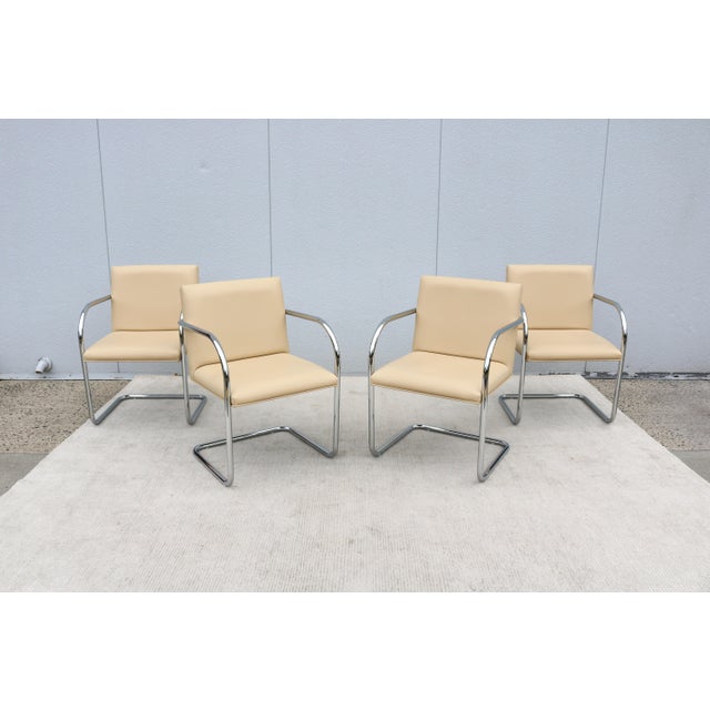 Gordon International Ludwig Mies Van Der Rohe Brno Tubular Chairs in Beige Leather by Gordon, Set of 4 For Sale - Image 4 of 18
