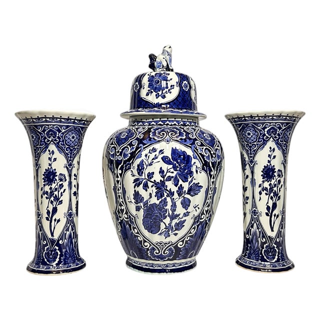 Large Royal Sphinx Blue Garniture Set by Boch Delft, 20th Century, Set of 3 For Sale
