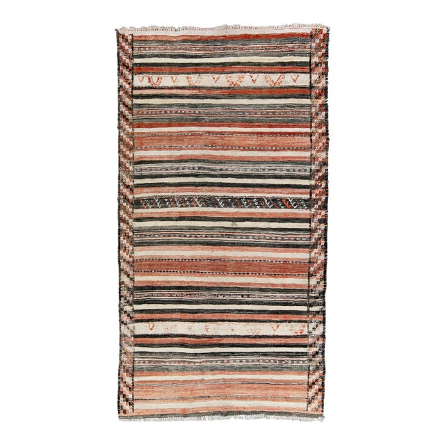 Vintage Kilim Handmade Flatweave Striped Orange and Black Wool Runner For Sale