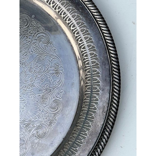 Hollywood Regency Mid 20th Century Hollywood Regency Wm. Rogers Etched Round Silverplate Tray - Model 170 For Sale - Image 3 of 5