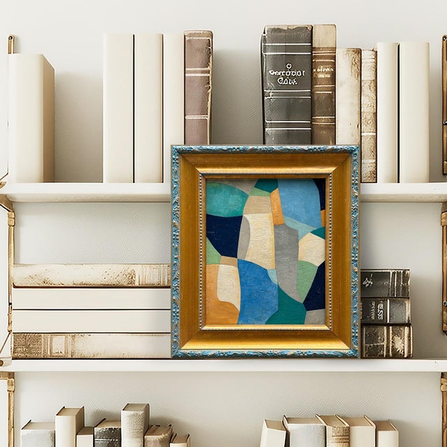 This is an abstract oil painting that explores color and form in rich blue tones with warm accents. The painting is done...