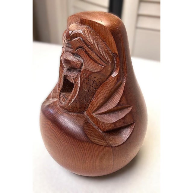 Vintage Japanese Yawning Daruma Bodhidharma 4" Hand Carved Wood Akubi Figure For Sale - Image 4 of 7