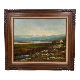 Vintage Signed Landscape Oil Painting by Chris Tyrrell in Carved Wood Frame For Sale
