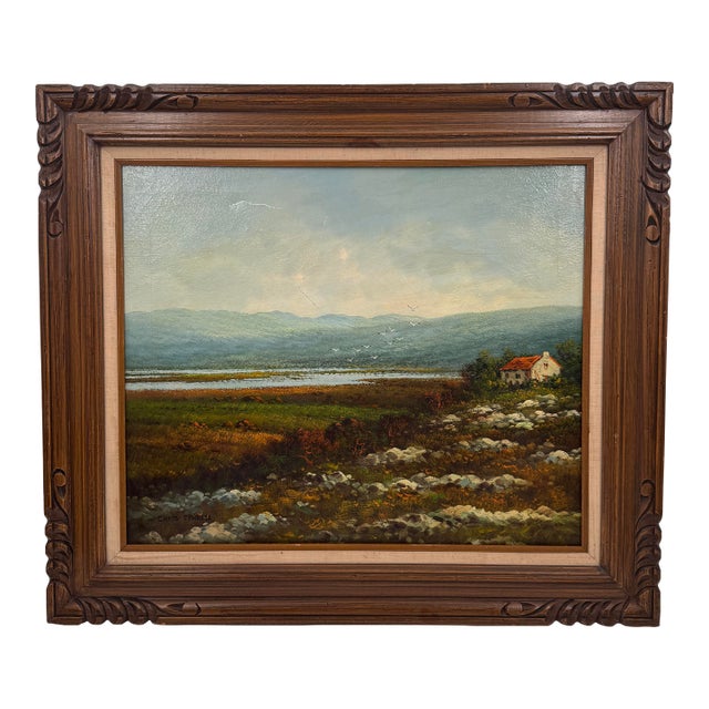 Vintage Signed Landscape Oil Painting by Chris Tyrrell in Carved Wood Frame For Sale