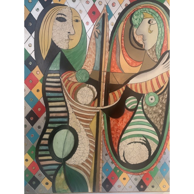 Abstract Large Mid Century Modern Studio Abstract Acrylic Mixed-Media Painting Picasso Inspired Original Decorative Artwork Handcrafted Girl Before a Mirror For Sale - Image 3 of 14