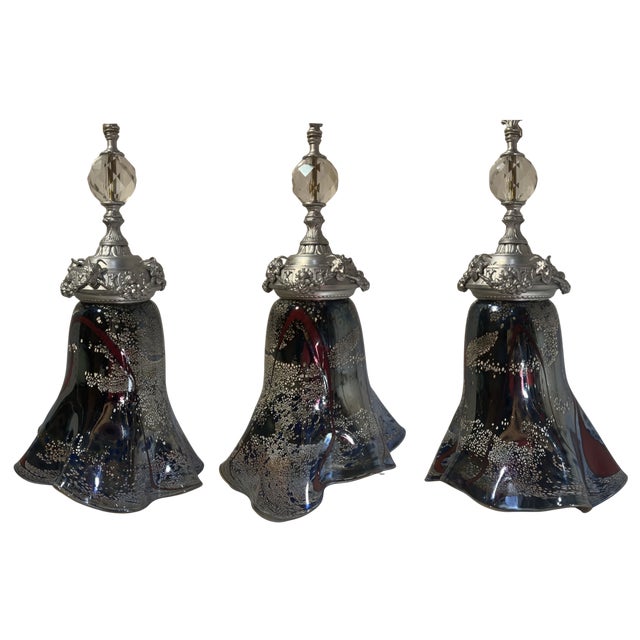 Antique Silver Tone Sculptural Med Goat Head & Abstract Art Glass Pendant Light For Sale - Image 15 of 18