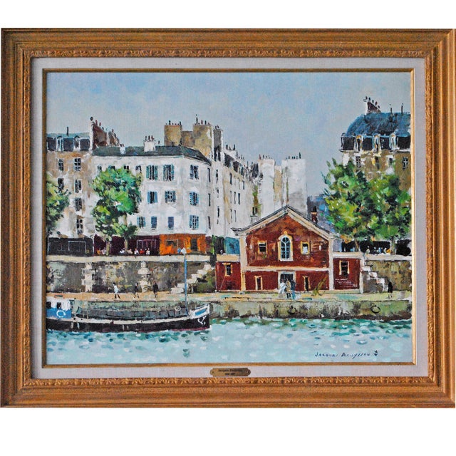 1980s "Paris-Quai De Paris" French Oil Painting by Jacques Bouyssou, Framed For Sale