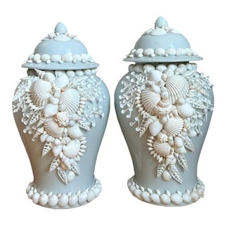 Vintage Shell Encrusted Lidded Ceramic Urns - Pair For Sale