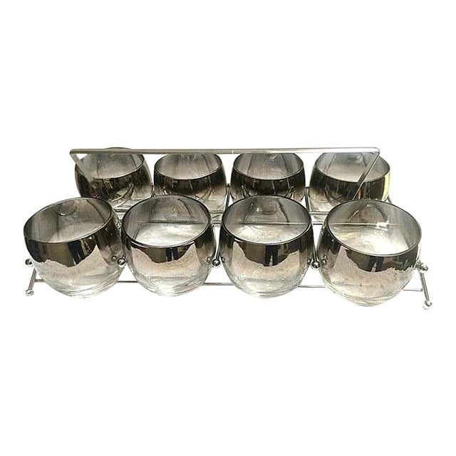 1950s Vintage Mid-Century Modern Silver Fade Dorothy Thorpe Roly Poly Glasses in Carrier - Set of 8 For Sale