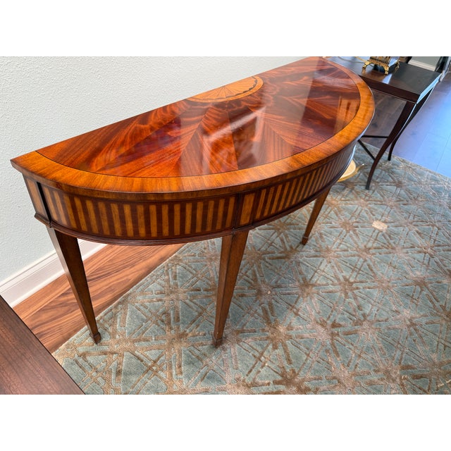 Ethan Allen Hepplewhite Style Inlaid Mahogany Demilune Console Table For Sale - Image 14 of 15