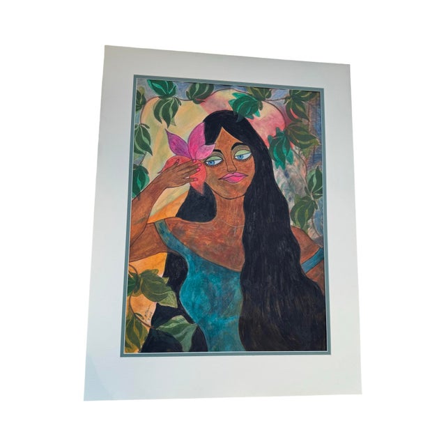 Large oil pastel on paper of lady with long dark hair, bold colored eyes and hibiscus in her hair. Signed and dated by the...