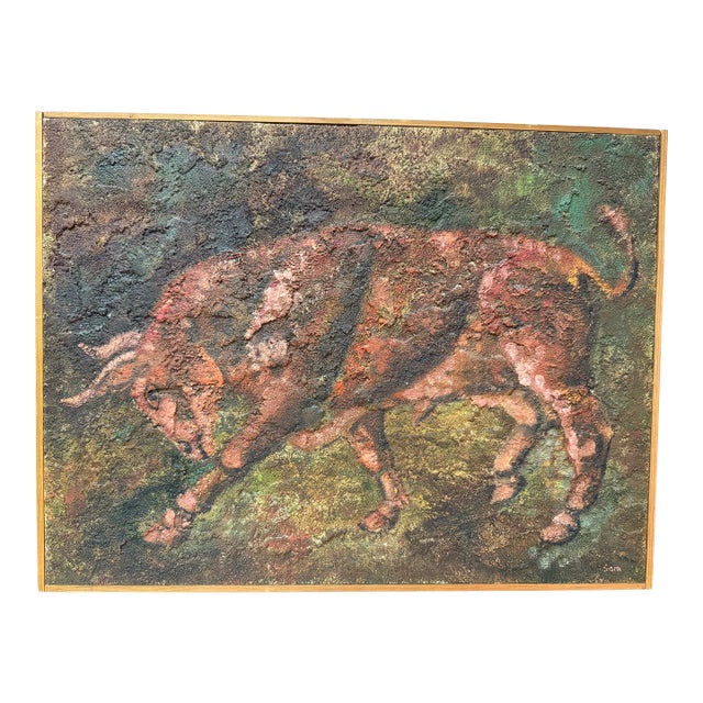 Brutalist Textured Mid Century Bull Art Framed in Walnut For Sale