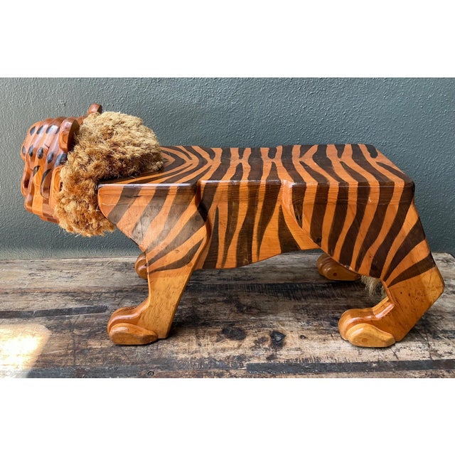 Brown Vintage Handcrafted Wood and Jute Tiger Stool For Sale - Image 8 of 16