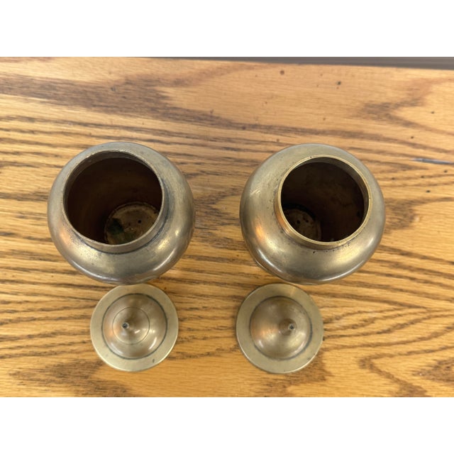 Brass Ginger Jar Urn Shaped Vessels + Lids, Set of Two For Sale - Image 11 of 12