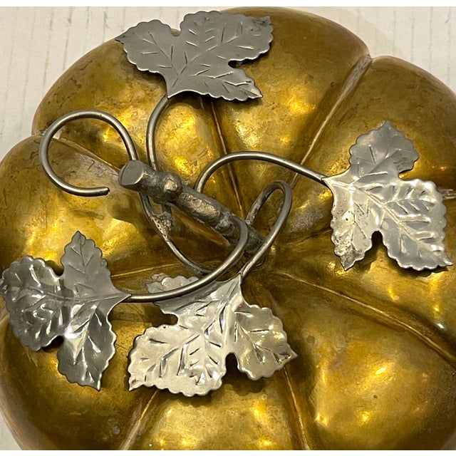 Antique Brass Pumpkin Box With Silver Plate Leaves
