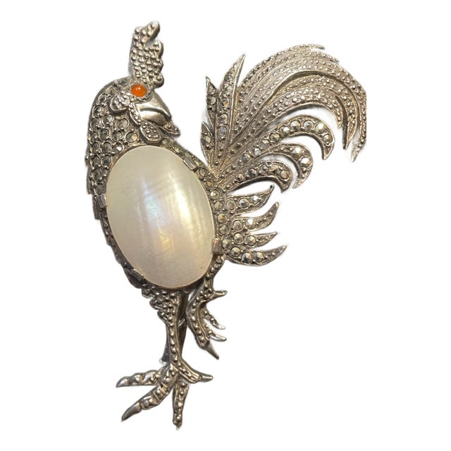 Early 20th Century Louis Rousselet Sterling Silver Marcasite Rooster Brooch For Sale