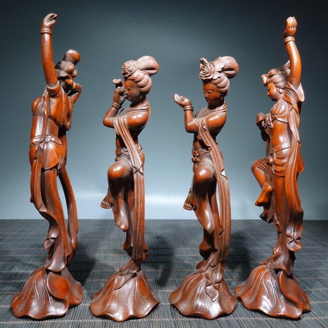 Chinese Set of 4 Vintage Chinese Boxwood Dancing Figures | Carved Musician Statues For Sale - Image 3 of 9