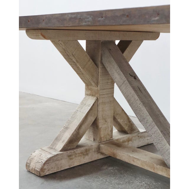 Rustic Vintage Zinc Top Trestle Table With Heart Pine Base For Sale - Image 3 of 8