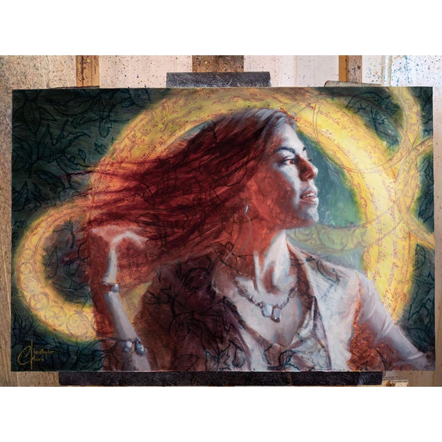 Early 21st Century Conjuring by Christopher Clark | Mixed media on wood panel woman with flowing hair and glowing background For Sale - Image 5 of 5