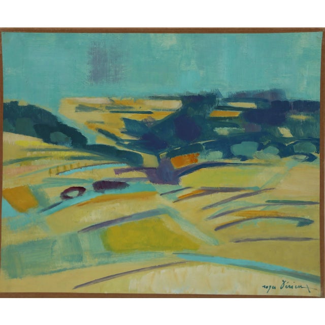 Abstract Teal Landscape Roger Derieux Year: circa 1955 Size: 9 in. x 11 in. Oil on Paper mounted to canvas, signed l.r.